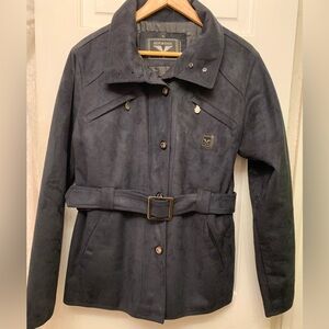 Women's charcoal faux suede Belted Jacket.